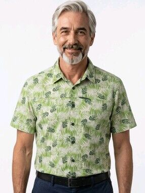 ECOTHREADS Men's Short Sleeve Button-Up Shirt - Green Tropical Print - 1019